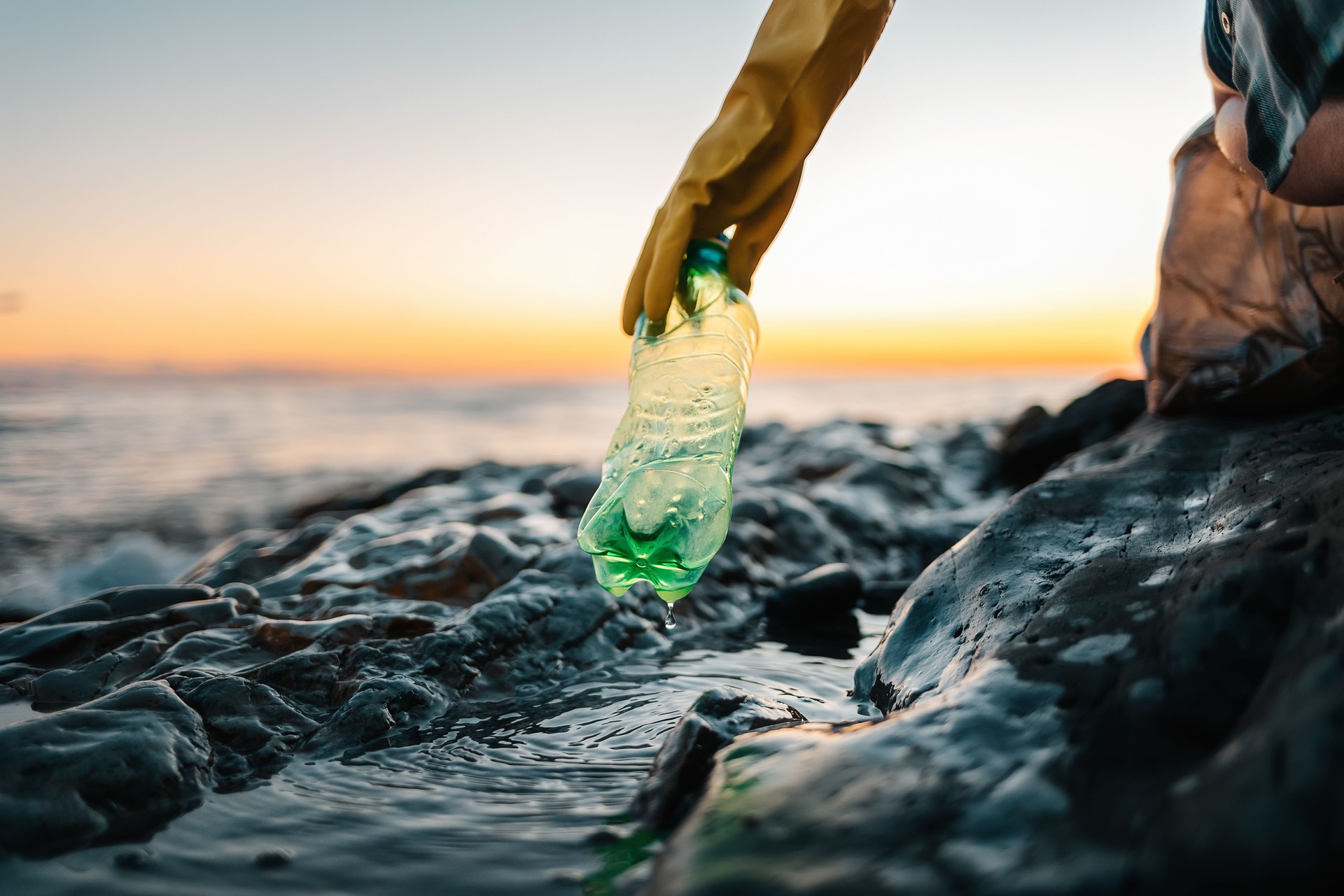 Environmental pollution. Volunteer in protective gloves picks up a plastic bottle on the beach. Close up of hand. Low angle view. Copy space. The concept of cleaning the coastal zone